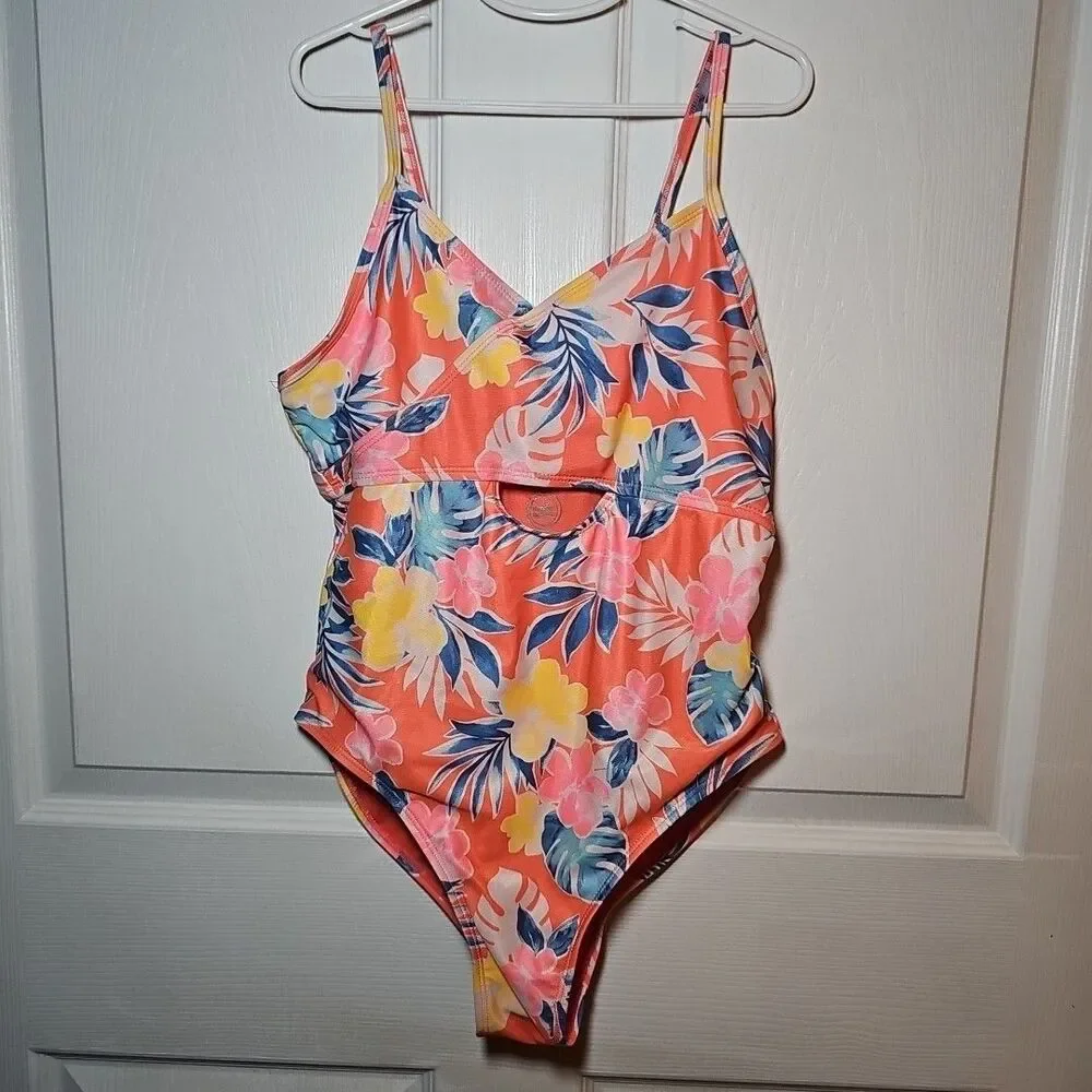 Wonder Nation Girls Peach Floral Bathing Suit XL 14/16